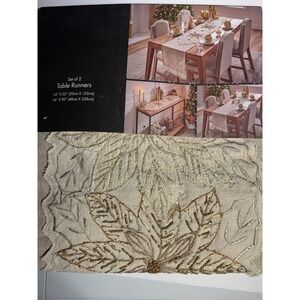 Tahari Set Of 2 Table Runners Neutrals/golds Embroidered 14"x52" & 16"x90"